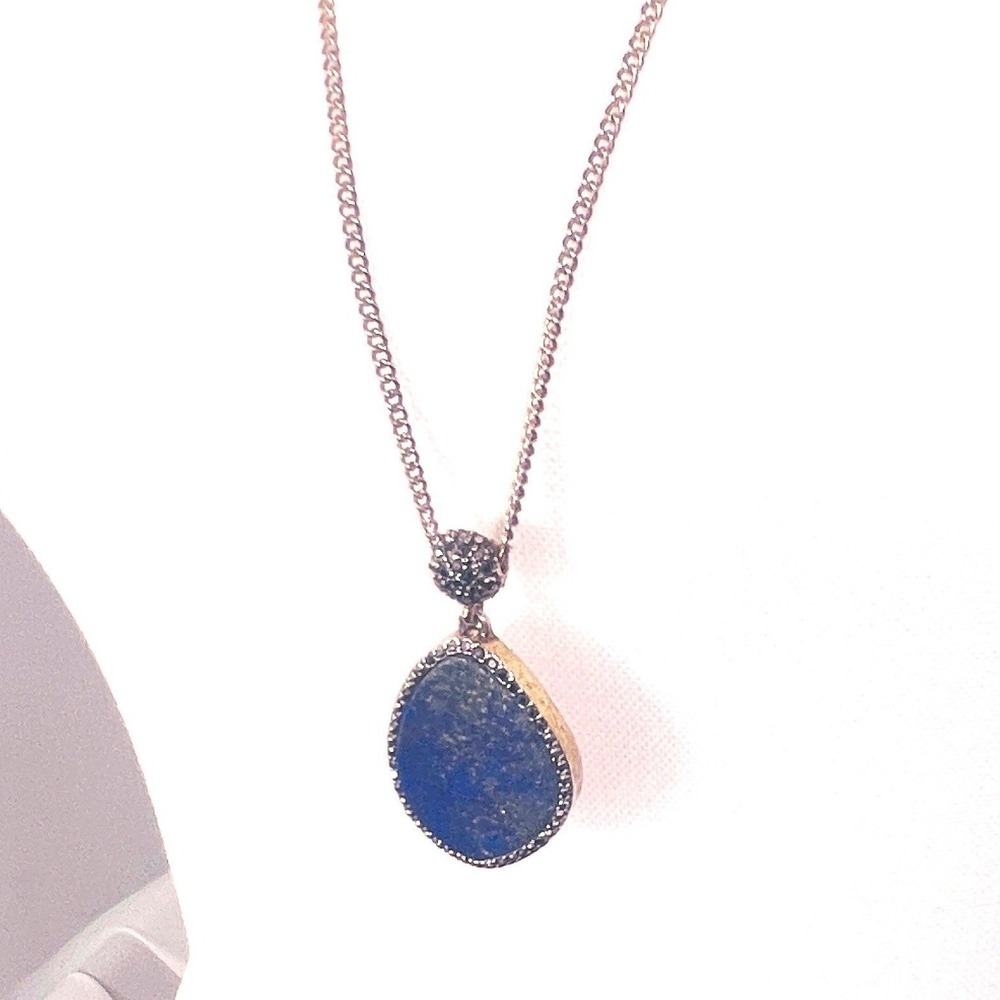 Vintage Lapis Lazuli Teardrop Pendant Necklace Long Chain Blue Gold‎ Fleck Boho
